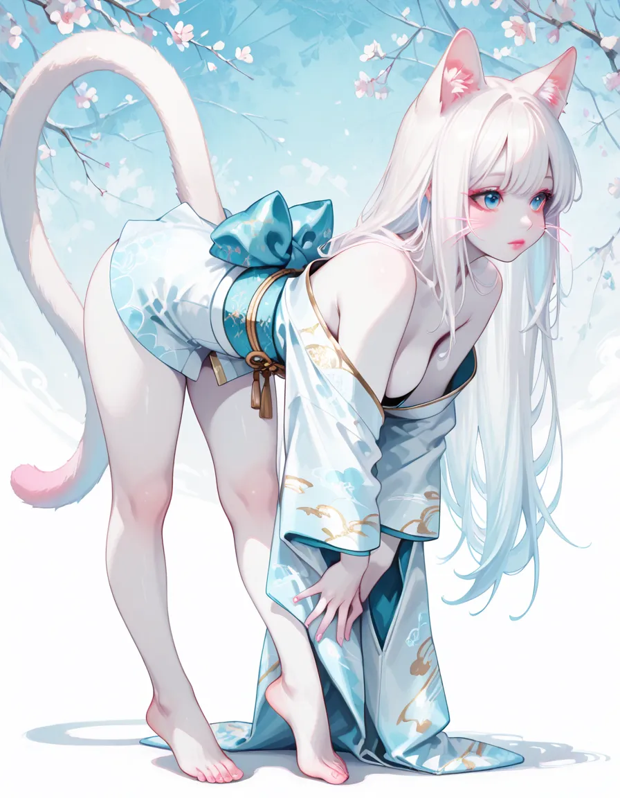 White-haired girl,no pants, no underwear,pubic hair visible, hips big and curvy, with an antique feel, vagina exposed,bare chest ,body bare chested, no underwear Nude,no clothes, figure,Need,holdingsword,face expressionless,Purple eye,fox ear,fox tails,Cherry blossoms flying background,starryskybackground,masterpiece,Focus on your eyes