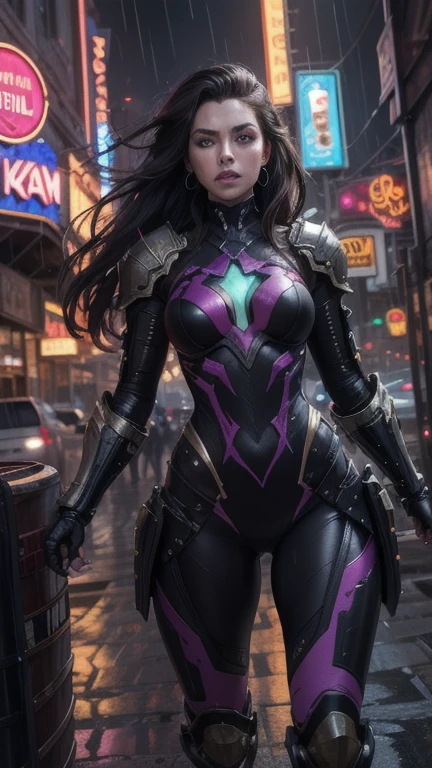 a woman with wavy black hair and purple eyes, black alien armor, freckles, blush, eyeshadow, beautiful face, dramatic lighting, cinematic composition, epic fantasy, high detail, (best quality,4k,8k,highres,masterpiece:1.2),ultra-detailed,(realistic,photorealistic,photo-realistic:1.37),HDR,UHD,studio lighting,ultra-fine painting,sharp focus,physically-based rendering,extreme detail description,professional,vivid colors,bokeh