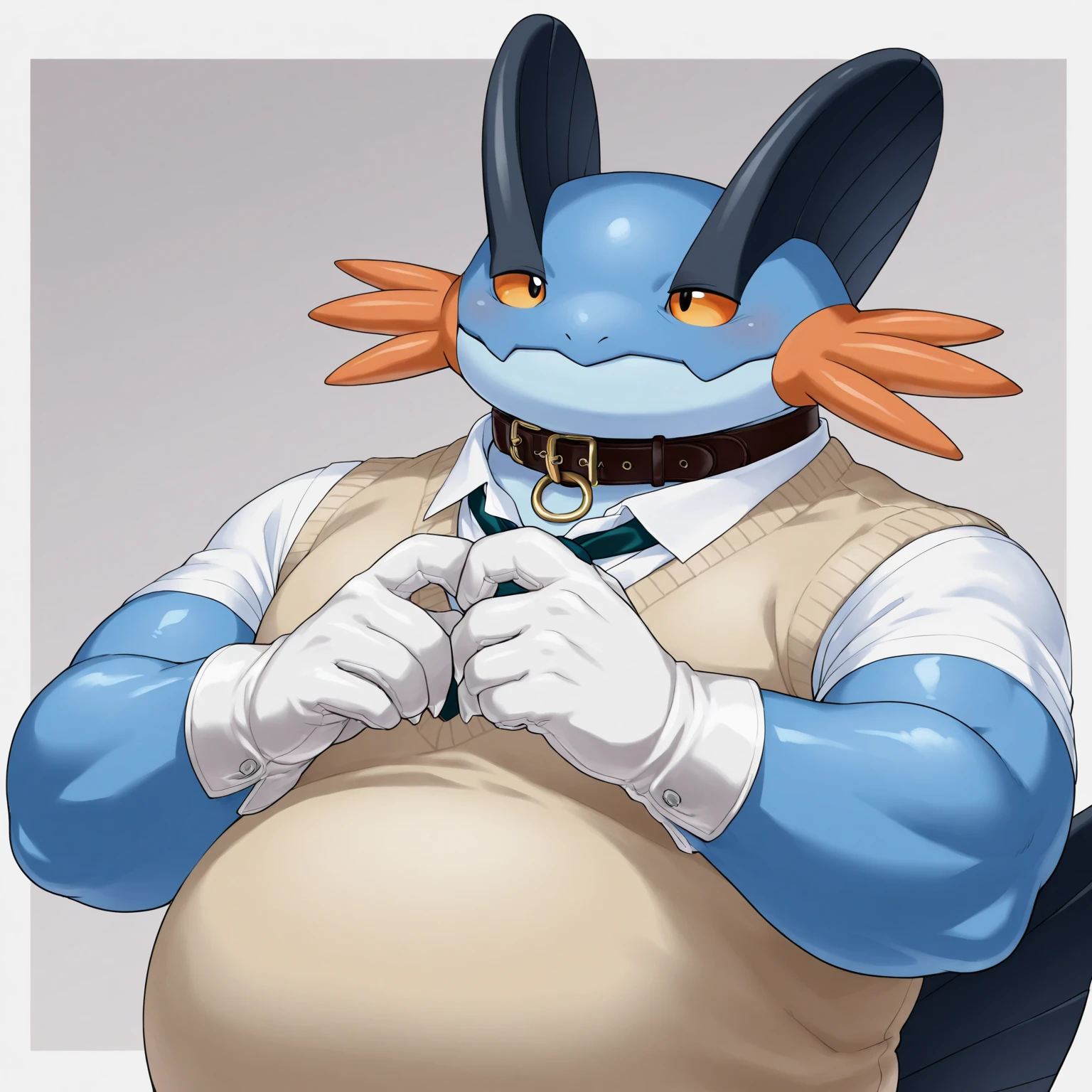 Solo, Male, fat, squatting, extremely obese, Typhlosion, blue eyes, (soft shading), 4k, hi res, ((detailed face, detailed)), looking at viewer, evil grin, forest, park ranger, collared shirt, male focus, glasses, monocle, shirt with buttons, sleeves rolled up, Typhlosion is wearing a glossy leather dog collar around the neck, Typhlosion is wearing the leather collar and shirt at the same time, Typhlosion is wearing glossy white rubber gloves on the hands, wearing white rubber gloves on the feet, Typhlosion is wearing glossy white cuffs around the wrists with cufflinks, gloves are rubber in texture, clenching teeth, clenching fists, leather collar is glossy and shiny with a lot of detail, Typhlosion is wearing gloves and cuffs and cufflinks at the same time, leather collar has a round dog-tag, leather collar is thick and detailed.