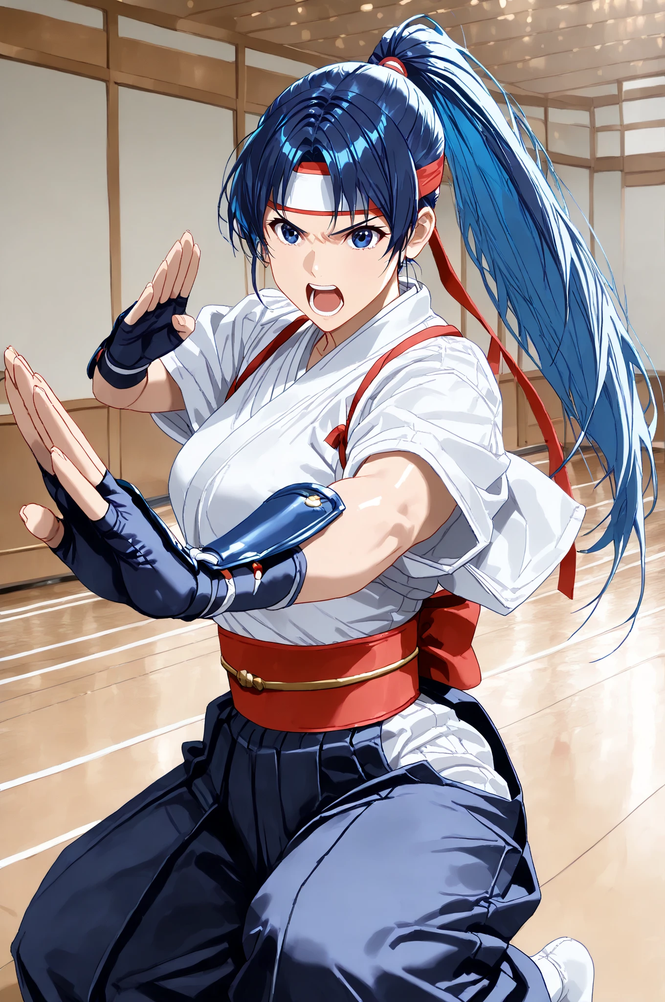 rinko,mature female,large breasts, messy hair style,ponytail,wavy long hair,blue hair, hair between eyes, purple eyes,cleavage,(karate gi,:1.2),(gorgeous bra,underboob:1.1),(micro panties:1.2),(sweat gleaming skin:1.1), outdoors,sunlight, spotlight effect,bright sky, blue sky with clouds,strong wind, (colosseum),(highres, high quality:1.1), intricate details, cinematic lighting, 1girl,(red blush,angry),(Gorgeous Necklace,jewelry, bracelet),(dynamic fighting pose:1.2),dynamic angle,from below