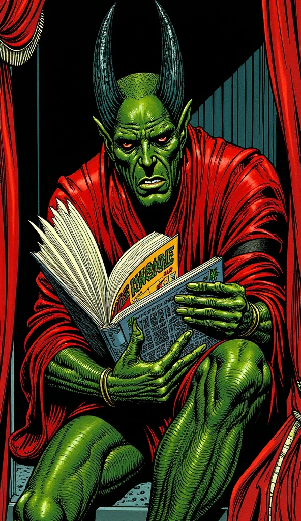 ((the demon king with sharp dark black horns, pointed ears like elves, and a large red, third-eyed dark green body)), (The demon king holding comic books), best quality, masterpiece, 8k, ((the demon king holding his knee:1.8)), ((the scene where the demon king withdraws in the closet and holds his knee and reads comics:1.9)), ((anatomically accurate portrait)),