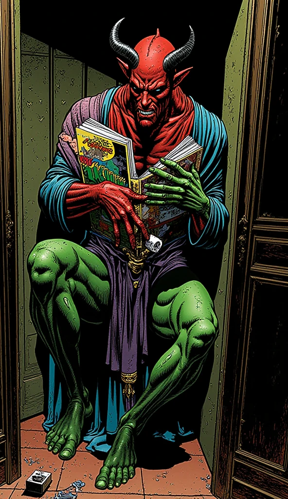 ((the demon king with sharp dark black horns, pointed ears like elves, and a large red, third-eyed dark green body)), (The demon king holding comic books), best quality, masterpiece, 8k, ((the demon king holding his knee:1.8)), ((the scene where the demon king withdraws in the closet and holds his knee and reads comics:1.9)), ((anatomically accurate portrait)),