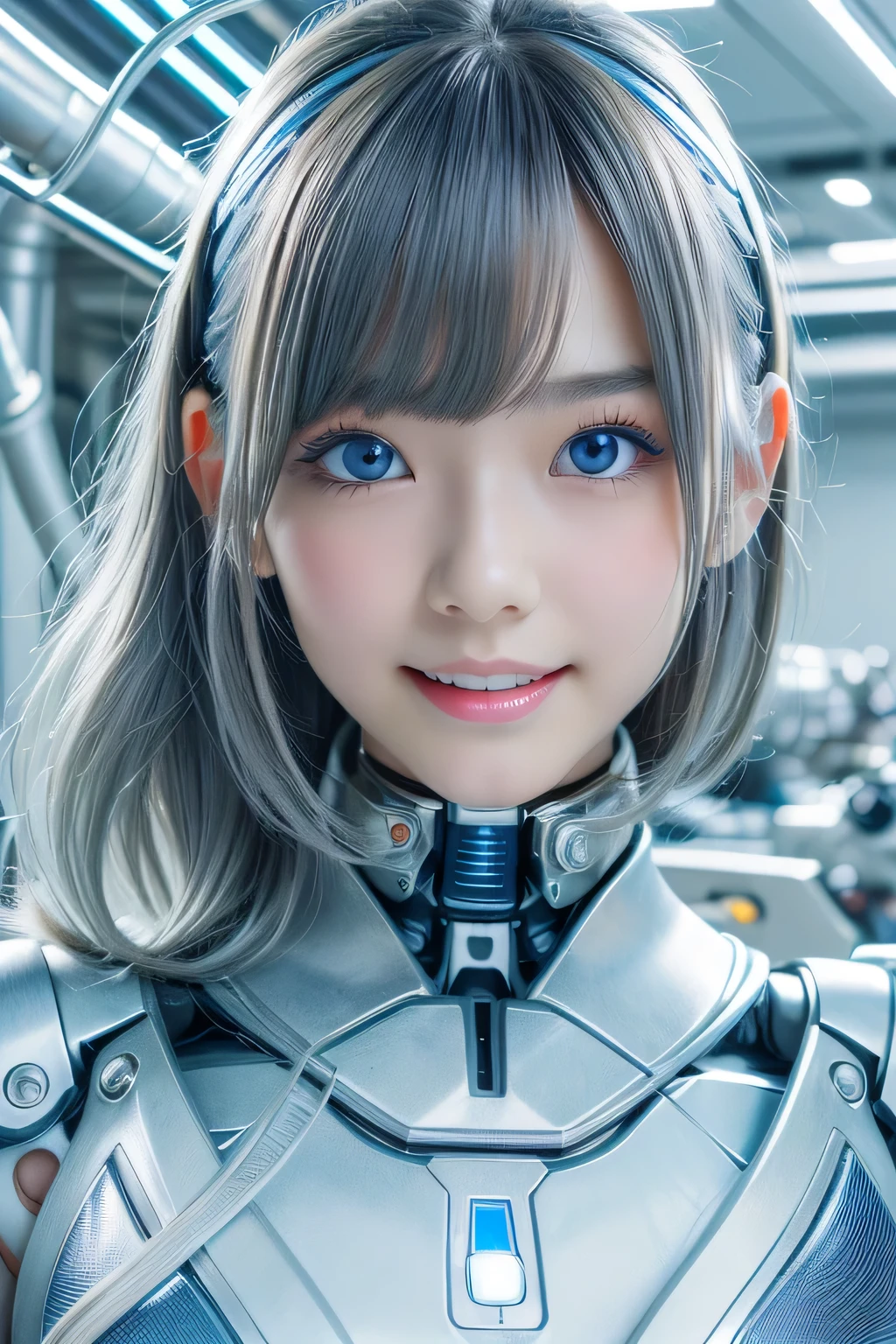 (Top Quality, high res, masterpiece:1.2), Very Detailed, realistic:1.37,(perfect anatomy),1 girl, cowboy shot,a cute and completely beautiful Japanese idol woman, 54 years old, Transform into a cyborg ,slender body,(big smiles),standing,( blue LED contact lenses :1.2),Beautiful Eyes,beautiful skin, detailed facial features, Complex Hair, Details Costume , beautiful lips,(a futuristic cyborg unit in a blue company uniform-type cyborg suit that fits perfectly and is super cute:1.1), metal necklace ,Futuristic Headband, Natural Makeup,,light blue bob cut,Moe pose、Laughter,The background is a cyborg factory plants