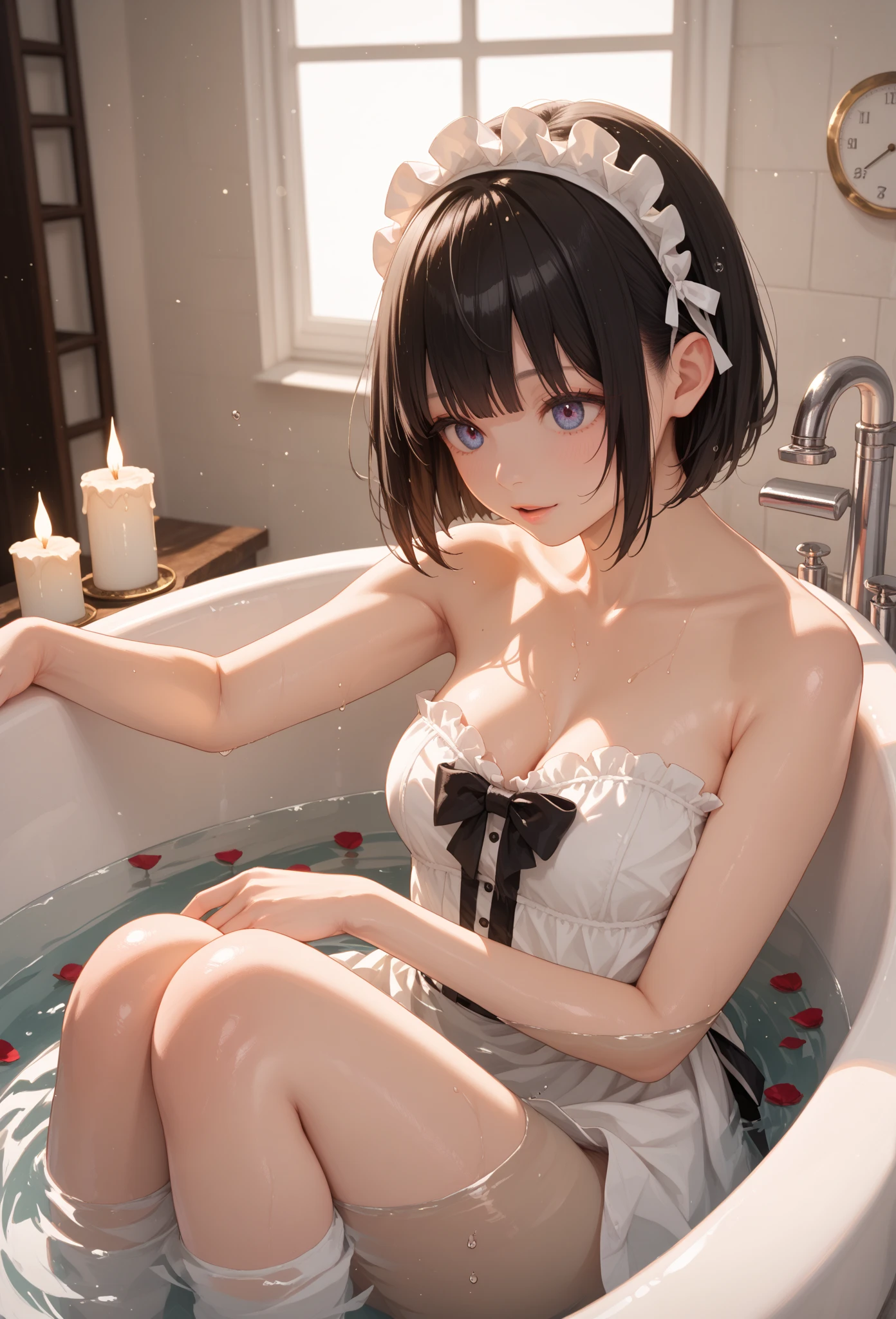 highest quality、High resolution、one person、Japanese women、adult、Age 25、sexy、Big Breasts、Bob Hair、bath、((Taking a bath))、((Completely naked))、A shy smile、