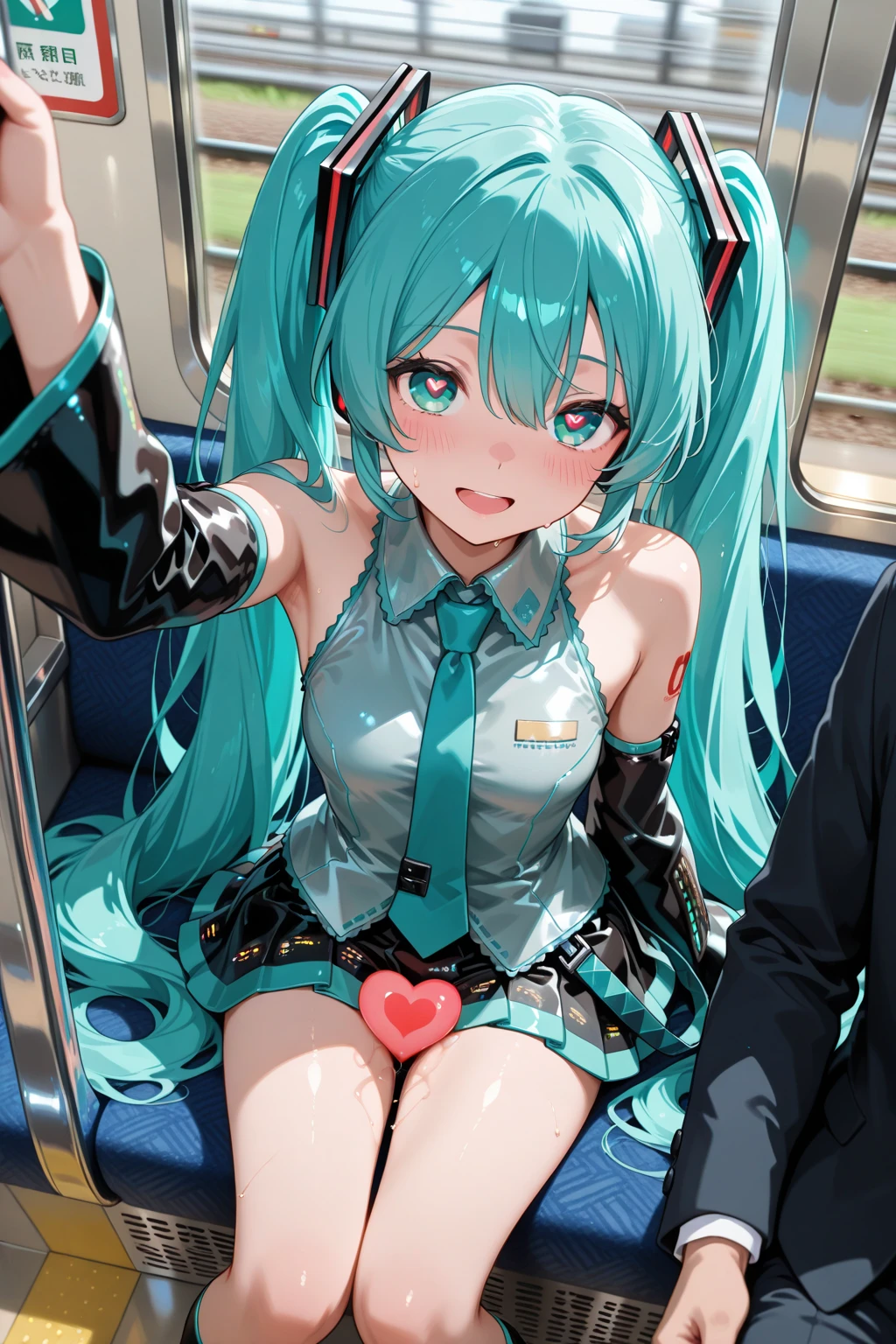 masterpiece,best quality,dutch angle,Ultra detailed,8K,realistic,ultra detailed,highly detailed,physics-based rendering,cinematic lighting,1girls,,naked,crying,pussy, cum,train,on seat,long hair,naked,miku hatsune,molestation,crowded train,