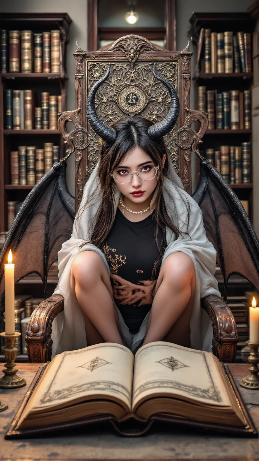 1 woman with vertical black horns, white clothes with black borders, a book in one hand, shot from medium, red eyes, inside a dark castle, it is night