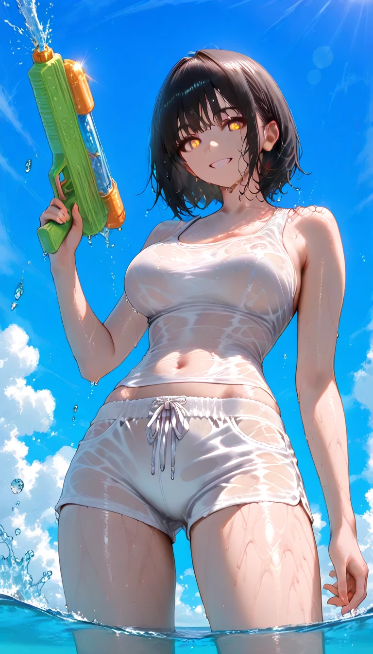 Highest quality、masterpiece、beautiful、detailed、Year: 12、Black hair twin-tailed female elementary school student、Height: 140cm、beach、Pouring sunlight、Dynamic pose、Spraying water with a water gun、Angle from below、smile、Slim figure、Soaking wet、erectile nipples、open ??????、pussy、photoRealistic