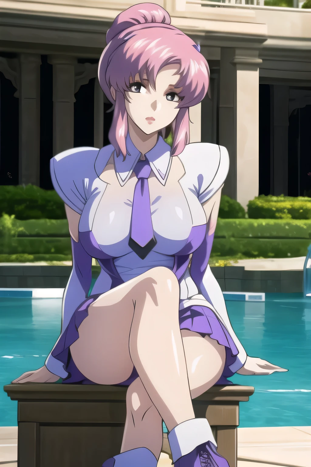 woman with pink ponytail hair，nice smile，in a high school uniform，Thigh to Head，blouse with tie ，pleated micro mini skirt，purple boots，blue panties，beautiful legs，big boobs，big boobsでもウエストが細い，please accurately draw details of human hands and feet，Can you draw details of a woman wearing a first express expression, so don't crop your face，I am alone，I'm at an outdoor pool facility with fine weather，teacher's house with a cane，nice smile，ミニスカート姿の警察制服姿でbig boobs，wet costume， Light clothing，Beautiful skin，pubic hair，