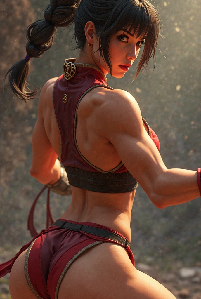 from behind, super high image, super detail, super high resolution, Japanese carving tattoo all over the back of a beautiful woman sitting cross-legged, light brown glossy ponytail, huge breasts, abs, armpit, professional lighting