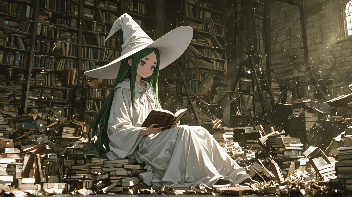 1girl , solo , ゴモヴィロア_Der Werwolf: The Annals of Veight , bibliomaniac , A room filled with piles of magic books, a girl reading amid the clutter of books scattered everywhere , The magical light illuminates the room , The girl is reading a book with a sandwich in her hand , wariza , break , 
loli , skinny , slender face , green long hair , forehead, parted bangs , Long bangs, hair mini ribons , short eyebrows ,  purple eyes , small nose , witch , white slim fit slit witch long dress , white cloak , big white witch hat , parted lips , looking at viewer , 
break , 
( ambient occlusion:0.9 ) , masterpiece , best quality , ultra-detailed , high resolution , extremely detailed CG , unity 8k wallpaper , super detailed skin , perfect  , detailed beautiful face , detailed beautiful eyes , highres , chiaroscuro , highly detailed background , elaborately designed clothes , dramatic lighting , full body , dramatic angle , light particles , ARW ,  
