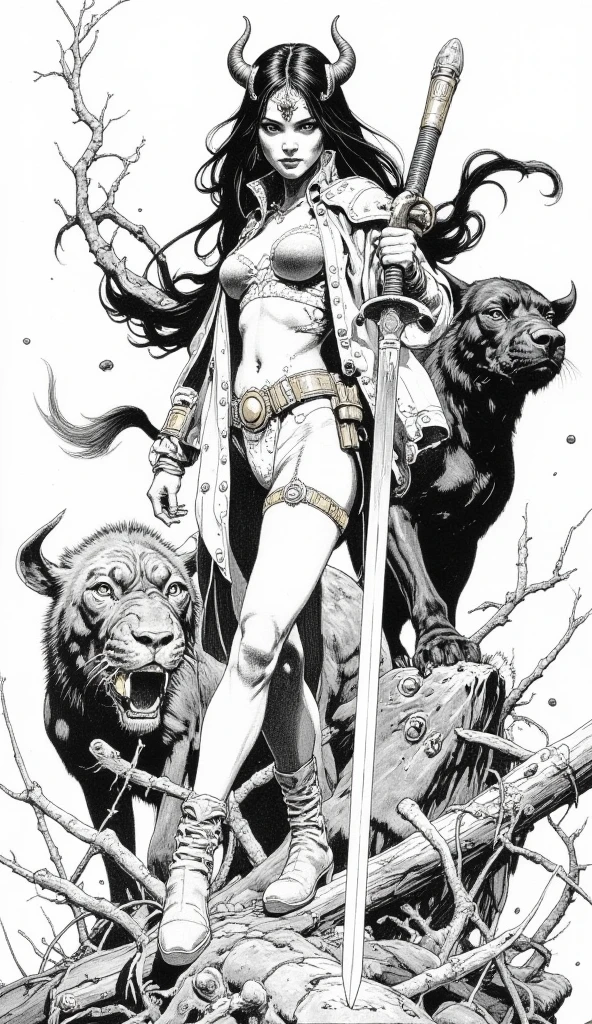 ink line art of upper body, mature barbarian woman, (muscular:1.3), (bodybuilder:1.2), (leather loincloth:1.2), (fur tube top,:1.2), (cleavage:1.2), belly button, wild long hair, jungle background, epic, dynamic, cinematic, action, fighting, sexy, lewd, (nsfw:0.9), medieval, fantasy, sharp, extreme detailed, HD, HDR, 4K, high quality, high resolution, 2D, coloring book, 1 bit, monochrome, vector graphic, outline, stencil, high contrast, bold lines