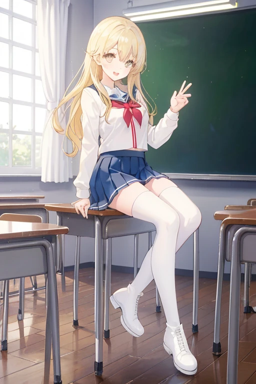 (masterpiece), (best quality), (illustration), (beautiful detailed), (highres), (youjitsukei), white skirt, brown footwear, miniskirt, pleated skirt, red jacket, looking at viewer, table, chair, arms behind head, sitting, sunset, (school uniform), white shirt, smile, blush, indoors, window, [building], classroom, table, (coffee:0.5), <lora:karuizawaKeiClassroomOf_v10:0.8>
