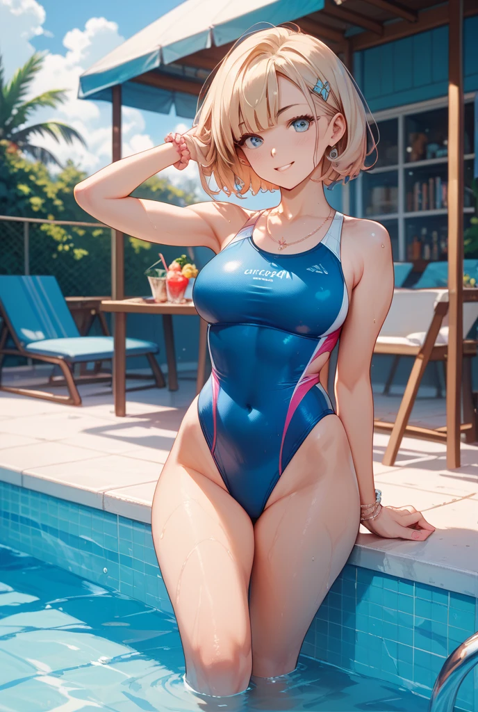 absurderes:2.0、realistic, Unity 8K Wallpaper, Masterpiece, Realistic face, Realistic skin feeling ,detailed hair, highly detailed, realistic glistening skin, Cute Girl, Perfect face, charming face, sitting, ()、(blond hair、High leg cut racing swimsuit:1.4,)
