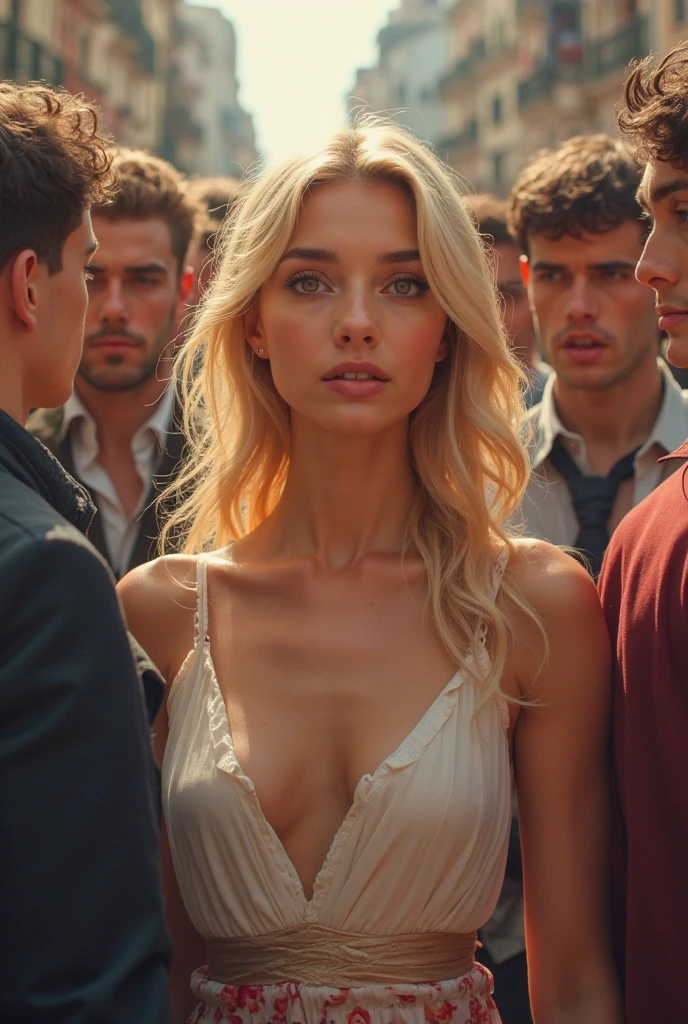 Huge Tits Blond Woman surrounded and abused by 100 men