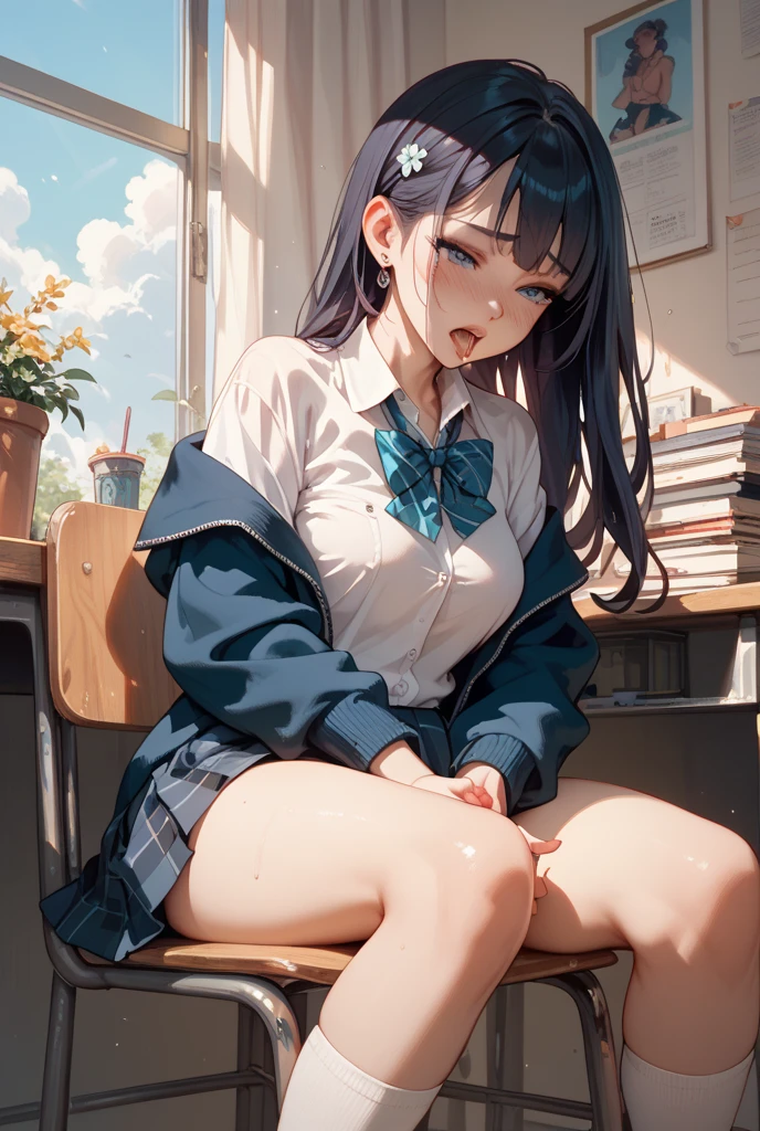 (8k、Best image quality、highest quality、masterpiece)、Detailed face、One girl、Black Hair、Long Hair、Diagonal bangs、Earrings、Grey Eyes、Expressionless、Large Breasts、((White collared shirt))、((cardigan))、((Open neck))、necklace、cleavage、((Black pleated skirt))、((micro miniskirt))、((white buggysocks))、loafers、((Crossing your legs))、Sit on a chair、Classroom Background