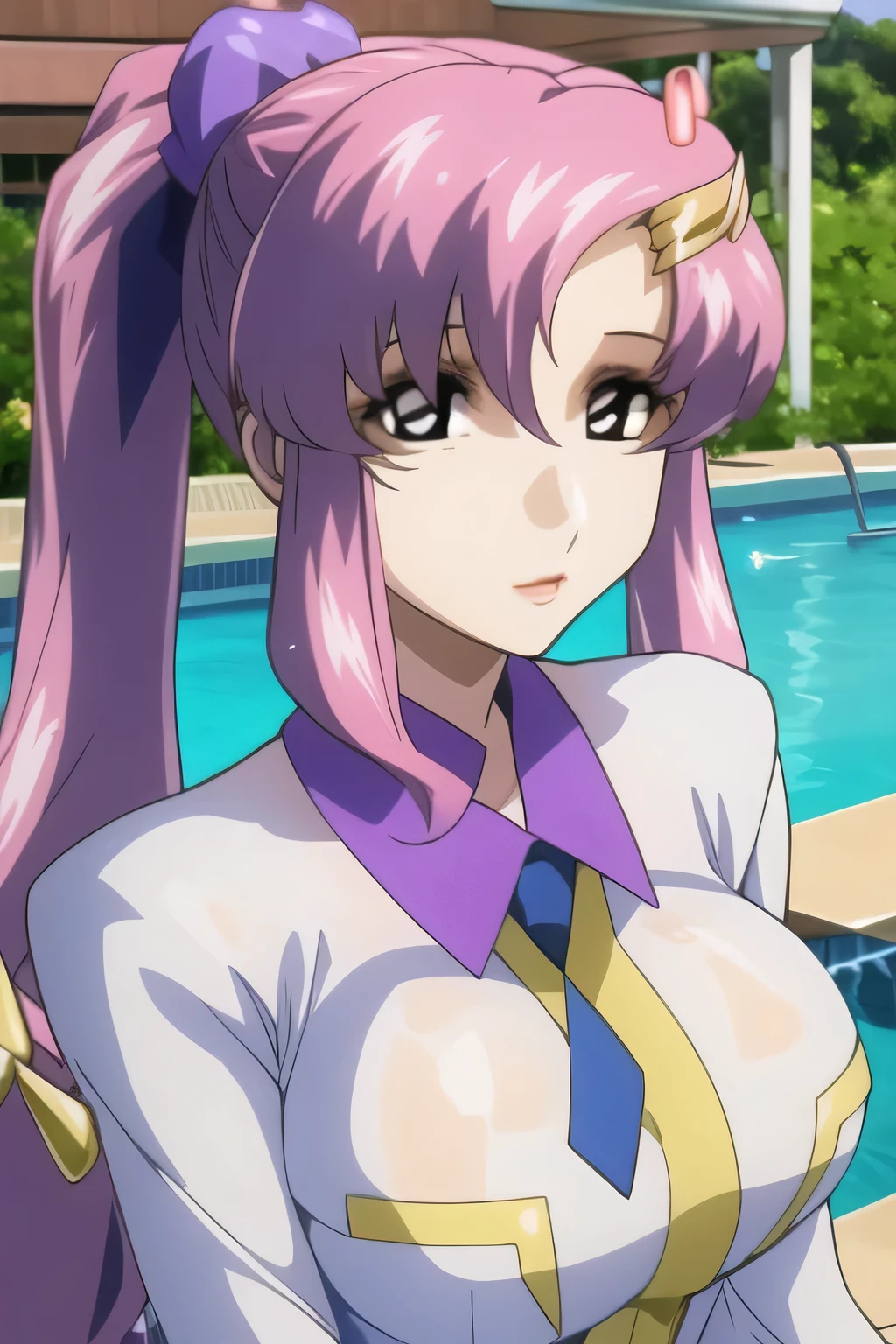   Please Laugh  ，the light clothing shows through with water splashes，woman with pink ponytail hair，nice smile，can you draw details of a woman in a high school girl uniform，Thigh to Head，blouse with tie ，micro mini girl，purple boots，blue panties，beautiful legs，big breasts，big breastsでもウエストが細い，accurately draw details of human hands and feet，Can you draw details of a woman wearing a first express expression, so don't crop your face，I am alone，I'm at an outdoor pool facility with fine weather，teacher's house with a cane，nice smile，ミニスカート姿の警察制服姿でbig breasts，wet costume， Light clothing，beautiful skin，huge breasts nipples from a lightly wetted blouse，Areolas can be clearly seen through，pointed nipples，can you draw huge breasts even bigger，