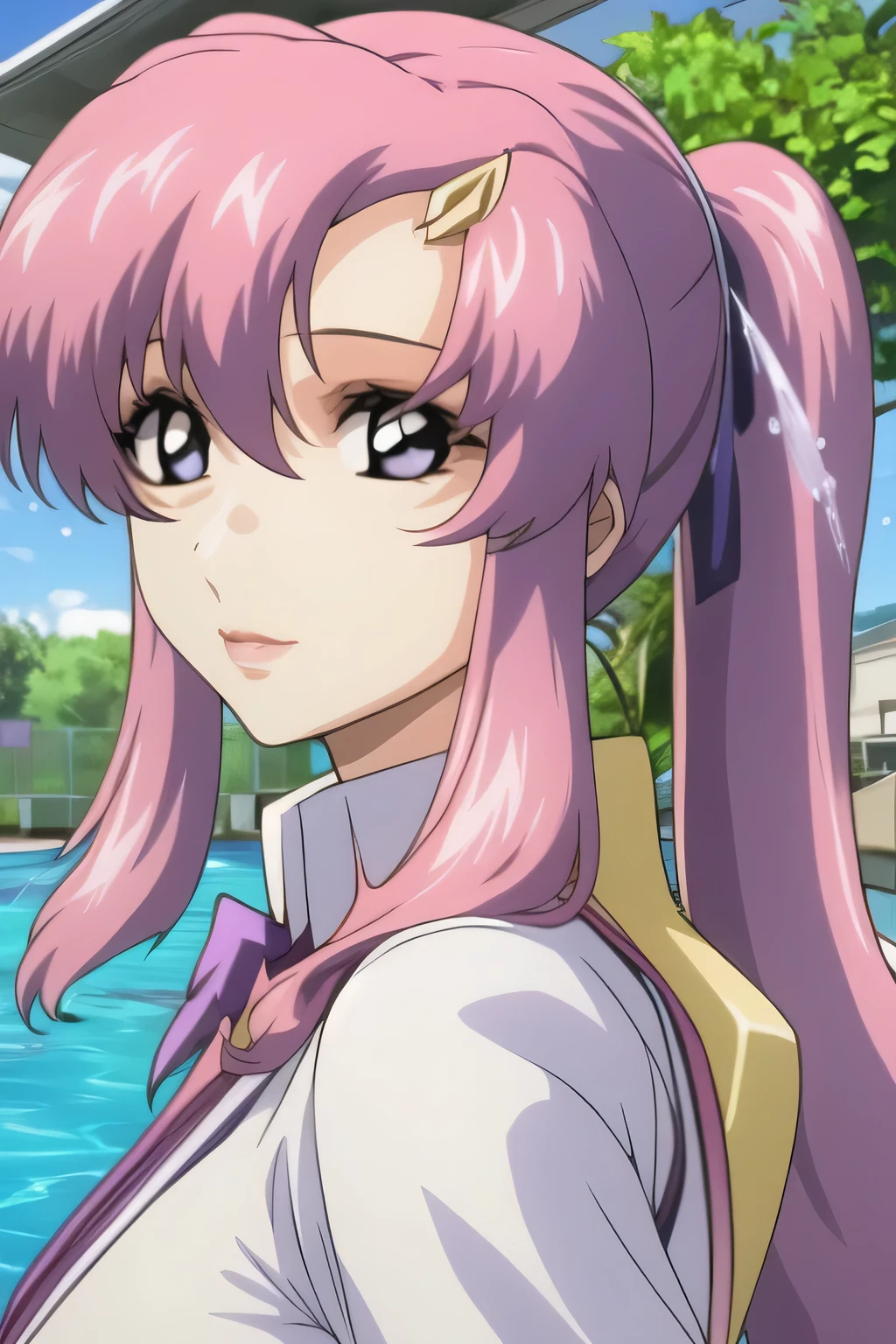   Please Laugh  ，the light clothing shows through with water splashes，woman with pink ponytail hair，nice smile，can you draw details of a woman in a high school girl uniform，Thigh to Head，blouse with tie ，micro mini girl，purple boots，blue panties，beautiful legs，big breasts，big breastsでもウエストが細い，accurately draw details of human hands and feet，Can you draw details of a woman wearing a first express expression, so don't crop your face，I am alone，I'm at an outdoor pool facility with fine weather，teacher's house with a cane，nice smile，ミニスカート姿の警察制服姿でbig breasts，wet costume， Light clothing，beautiful skin，huge breasts nipples from a lightly wetted blouse，Areolas can be clearly seen through，pointed nipples，can you draw huge breasts even bigger，