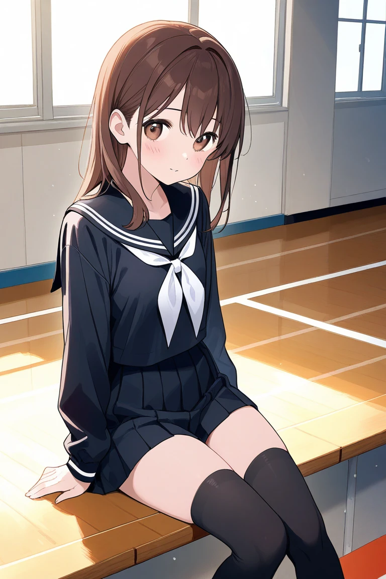 Brown hair，The right side is tied with a side ponytail，Bigchest，Black tights，Wear a school uniform，schoolgirls，sitted，Hugging your legs