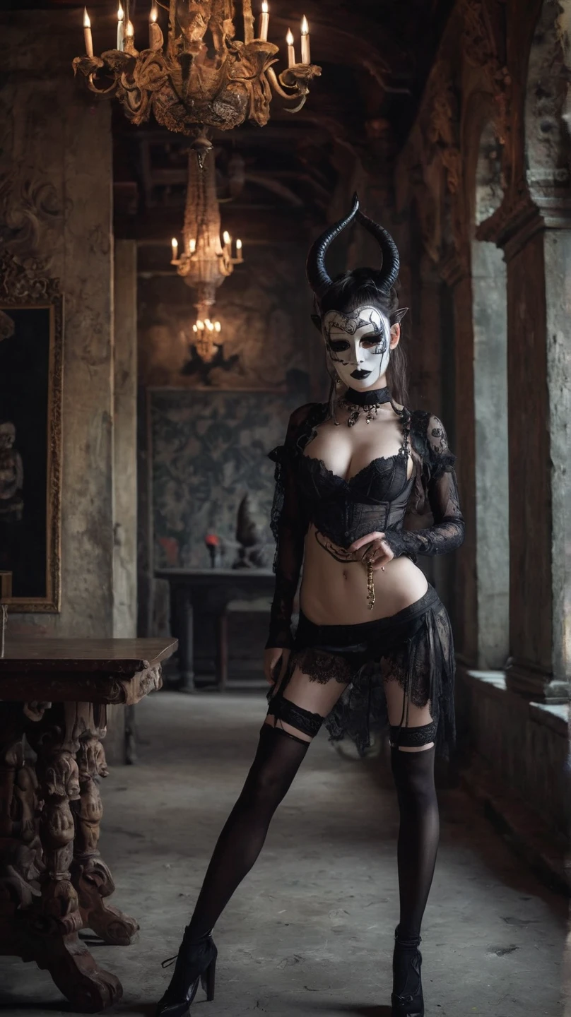 a painting of a holy succubus with horns, spread legs, hand to mouth, gloves, gothic dress, vampire the masquerade bloodlines, incredible art, gloomy background, nimbus, church ragged vestments, darksketch