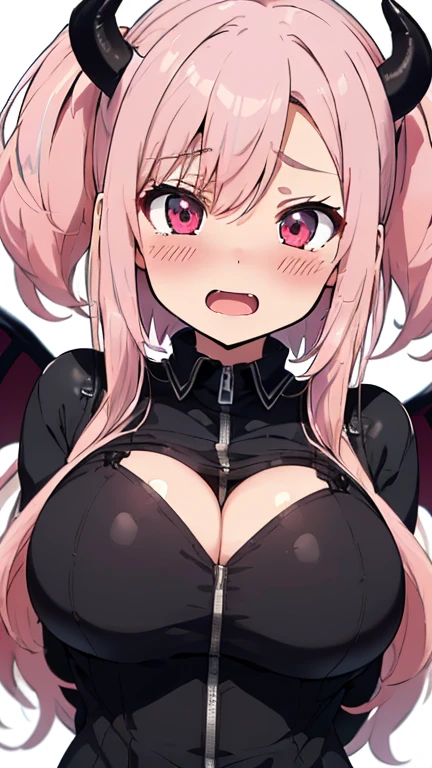 One Girl, Pink Hair, Create a Succubus. Provocative clothes and low-cut blouses. , wings and tail, Grinning, There is a mole on the corner of the eye, There is only one mole, Sweating, looking at the camera, ass pov, Fishnet tights, Long Hair, to close range, Shiny black elbow gloves, A provocative posture, seductive position