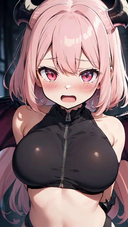 1girl, ahg, rolling eyes, drooling excessively, solo, grin, multi colored ombre hair, bedhead, messy hair, upper body view, large breasts, short hair