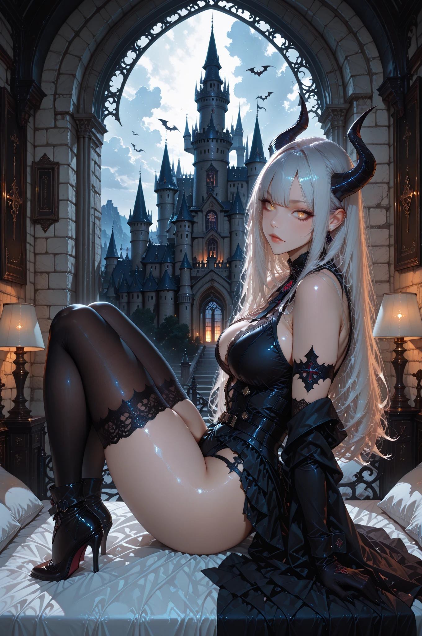 Anime Waifu beautiful detailed eyes, beautiful detailed lips, extremely detailed eyes and face, longeyelashes, 1girl, sensual, young woman, medium breasts, beautiful feminine face, nice thighs, slim, sexy, erotic, beautiful clothes, perfect body, cinematic lighting and framing, (best quality,4k,8k,highres,masterpiece:1.2),ultra-detailed,digital painting,portrait,glamorous,highly detailed,soft lighting,warm color tones score_9, score_8_up, score_7_up, score_6_up, score_5_up, score_4_up,source_anime, full body, 1girl, p0w3r0x1, long hair, blonde hair, red horns, demon pupils, nude, black pantyhose, bunny suit, lie down, spread legs, legs up, thighhighs, wide hips, big ass