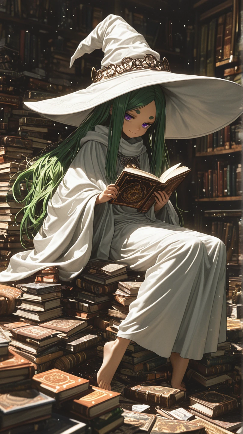 1girl , solo , ゴモヴィロア_Der Werwolf: The Annals of Veight , bibliomaniac , A room filled with piles of magic books, a girl reading amid the clutter of books scattered everywhere , The magical light illuminates the room , The girl is reading a book with a sandwich in her hand , wariza , break , 
loli , skinny , slender face , green long hair , forehead, parted bangs , Long bangs, hair mini ribons , short eyebrows ,  purple eyes , small nose , witch , white slim fit slit witch long dress , white cloak , big white witch hat , parted lips , looking at viewer , 
break , 
( ambient occlusion:0.9 ) , masterpiece , best quality , ultra-detailed , high resolution , extremely detailed CG , unity 8k wallpaper , super detailed skin , perfect  , detailed beautiful face , detailed beautiful eyes , highres , chiaroscuro , highly detailed background , elaborately designed clothes , dramatic lighting , full body , dramatic angle , light particles , ARW ,  