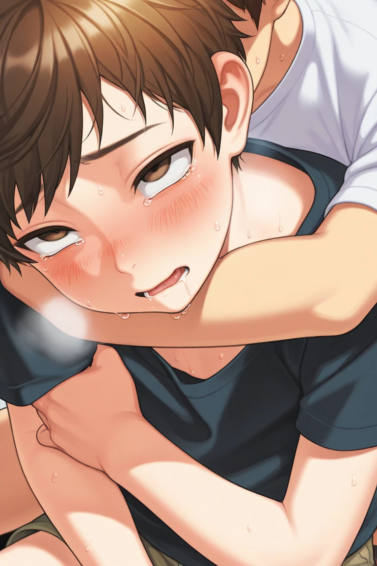 score_9, score_8_up, score_7_up, score_6_up, score_5_up, score_4_up, source anime, anime screencap, anime coloring, miwa, looking up, striped shirt, indoors, living room, saliva, blush, tongue, open mouth, sweat, tongue out, saliva trail, after fellatio, penis, cum, penis, wet penis, saliva on penis, upper body, (side view:1.2),1boy, 1girl,
