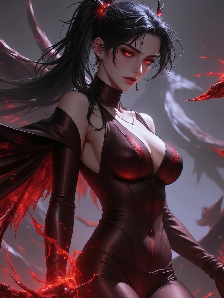 1 woman, vampire, red lips, red eyes, black hair, long hair, black clothes, exposed belly, movie