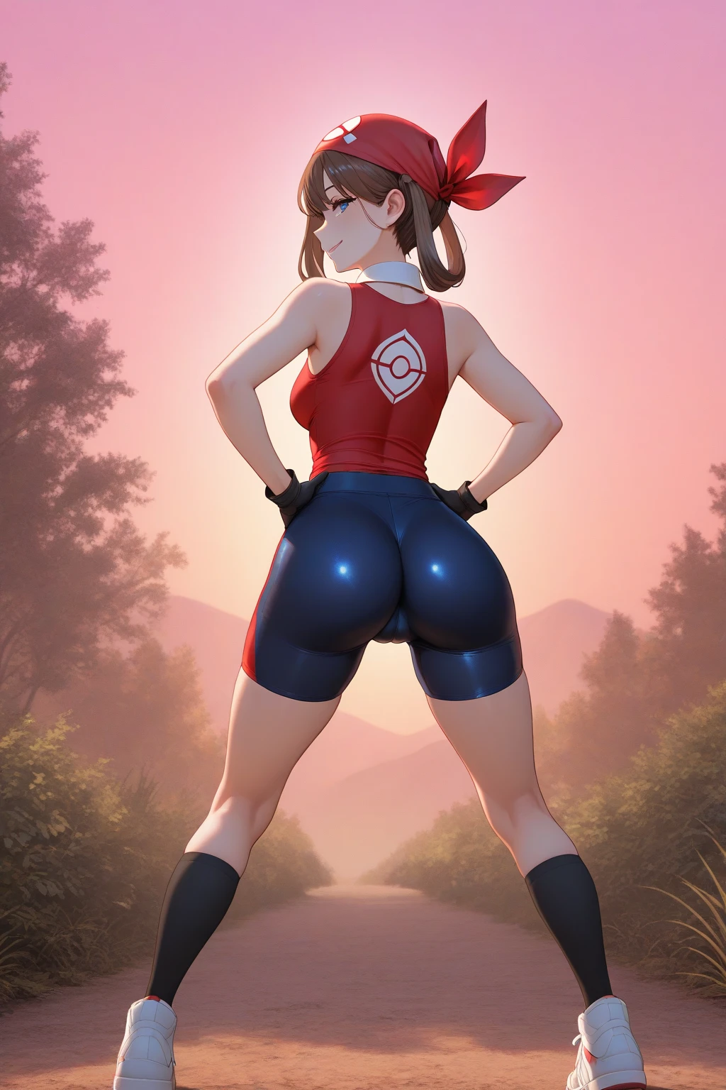 (masterpiece, best quality:1.3), OlchaSArt, 1girl, solo, looking at viewer, seductive smile, blushing, closed mouth, wide hips, large breasts, cowboy shot, mature female, thick thighs, <lora:OlchaSArt Style Lora:.85>, konoha, brown hair, short hair, brown eyes, headband, dog ears, red scarf, buruma, fishnet thighhighs, gloves, gym uniform, <lora:Konoha:.8>