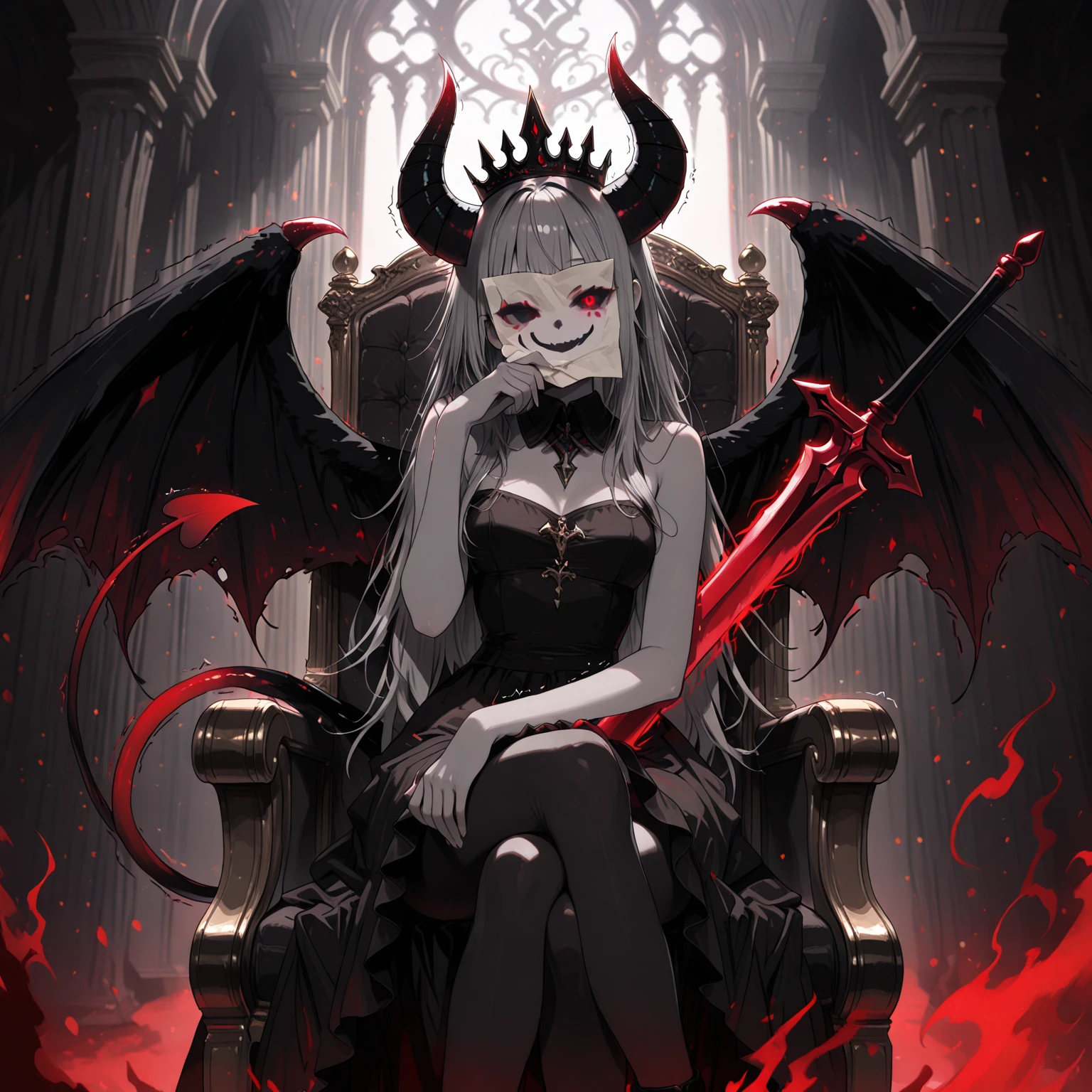 (masterpiece:1.2, Best Quality), (finely detailed beautiful eye: 1.2), (beautiful detailed face), solo, ((holding paper over face, the paper depicts a smiley face, shaking, we can't see her face)), ((black demonic wings, black demon horns, large wings, black demon tail, red tail, red aura, large red demonic sword, shadowy aura)), long hair, dark gray hair, light gray skin, black leggings,, black shadowy crown, collared black dress, bare shoulders, shadowy aura, sitting on throne, hand under chin, head tilt, castle interior, red glow, red splash effect,limited color palette, monochrome. dramatic lighting,