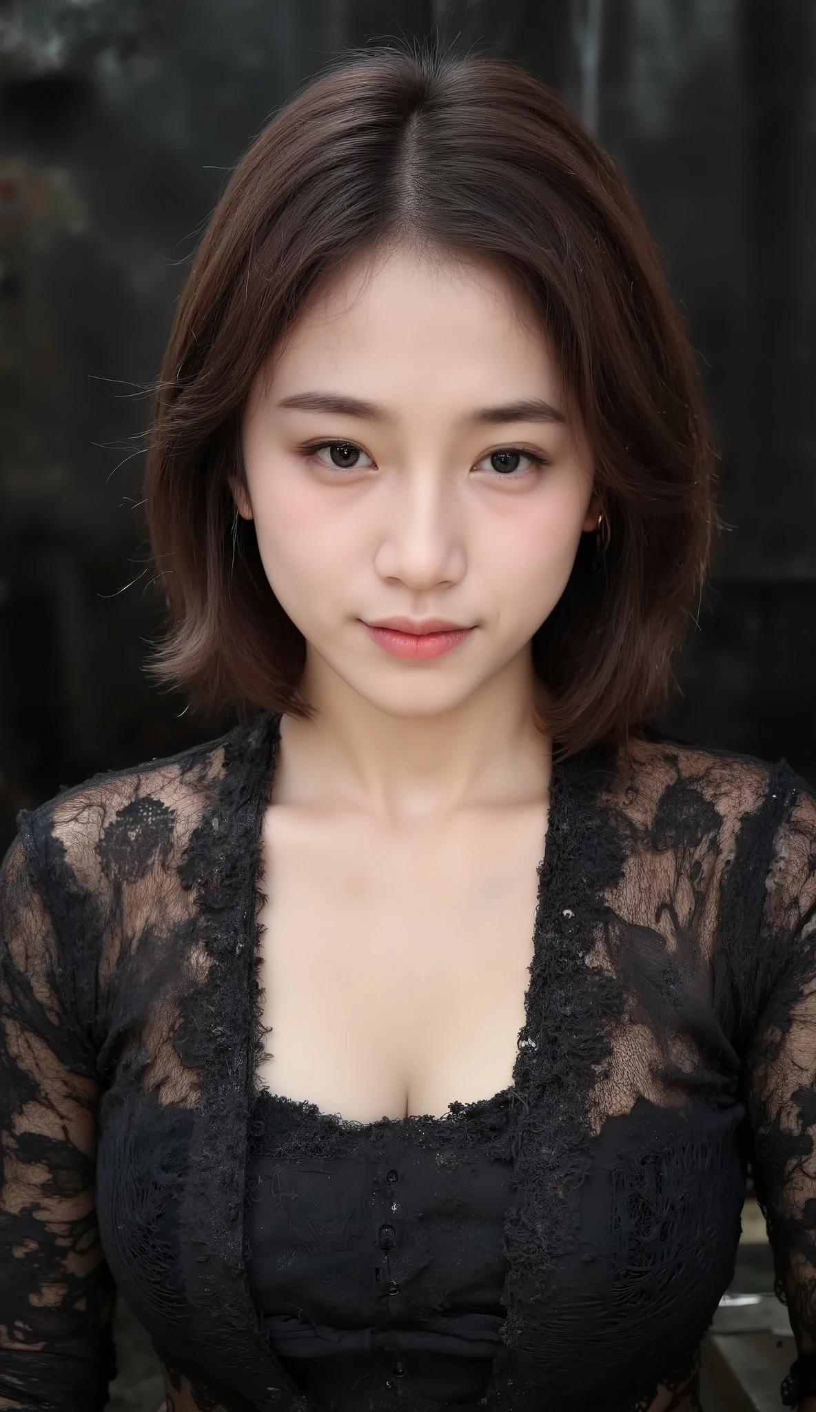  cute japanese woman (wear blue kebaya), amorous and lewd face, messy wavy long brown hair, forehead, make-up, grey eyes, superlative body proportion, hoop earring, nose pierce, covered in tattoos, wearing black loose shirt, like k-pop star, she looked flirtatiously at the camera and smirks, void black and smoke background, artistic photography, hyper realistic, graphic CG digital art, k-pop ((rapping pose)), energic, hip hop, rap, first person view