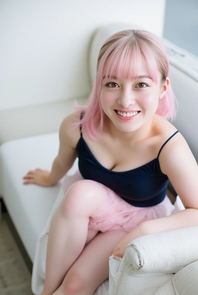 (8k, Photorealistic, Raw photo, Highest quality: 1.4),Japanese idol style１Beautiful girl of the person,18-year-old,(hair,(Short Bob,silver :1.4)),She has her hair tucked behind her ears,She has small earrings in her ears,Big, clear grey eyes,Long eyelashes,Plump Cheeks,(She is applying lipstick,(Pink :1.4)),Apply gloss over your lipstick for glossy, plump lips,Smiling,A short pendant is hanging around her neck.,両手の爪に淡いPinkのマニキュアを塗っている,Both toenails have red nail polish,(She is wearing a sleeveless floral dress,(Dark colored base :1.4),(Long length :1.2)),barefoot,Standing on the grass under a tree in the park,((Angle from below :1.4),Full body portrait)