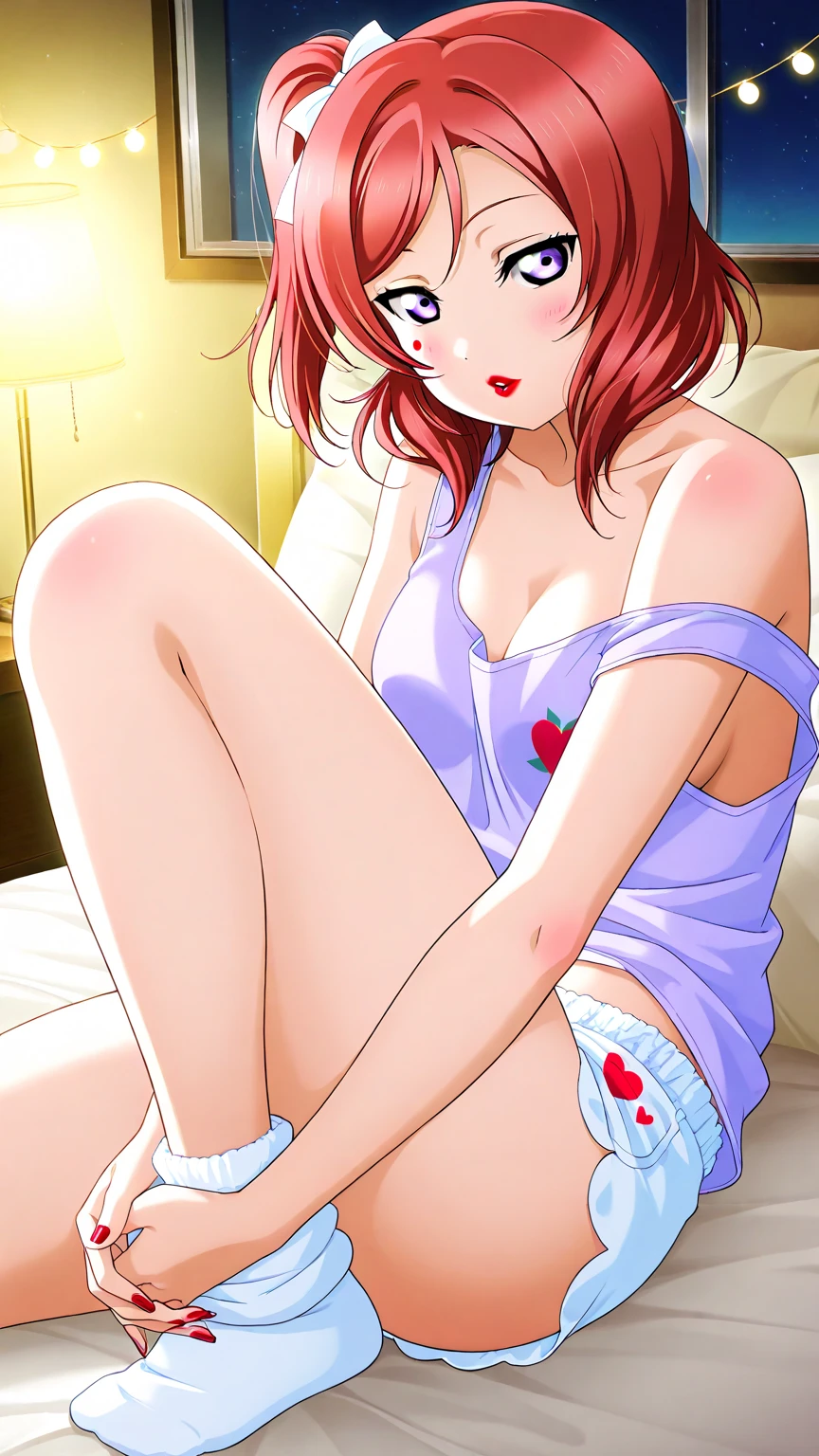 score_9_up, score_8_up, score_7_up, 1girl, solo, mature female, ((Atom Eve)), long orange hair, green eyes, pink lips, parted lips, fit slim body, ((perfect medium erected breast)), ((( pink thong, nude tits))), bedroom, perfect model body, looking at viewer, seductive smile, (((lying in bed and touching penis by her foot’s (masturbating penis by her foot’s)))), (((doing footjob))), lewd view