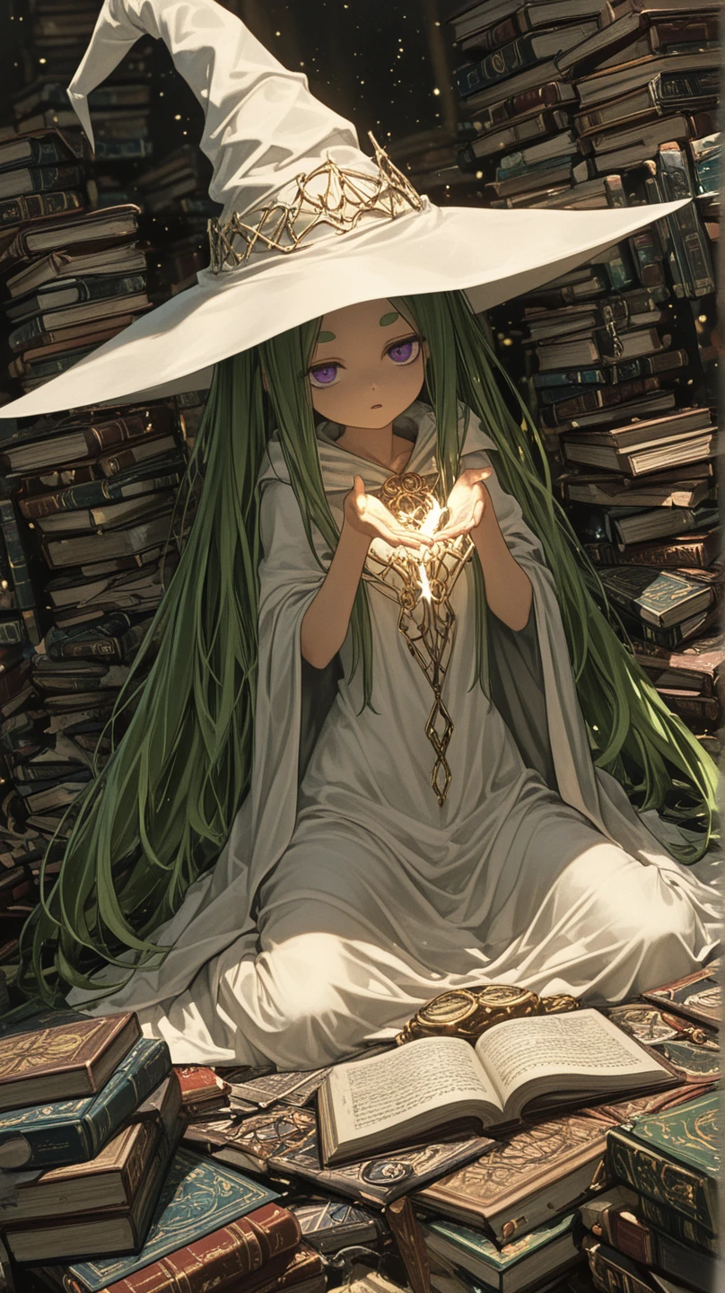 1girl , solo , ゴモヴィロア_Der Werwolf: The Annals of Veight , bibliomaniac , A room filled with piles of magic books, a girl reading amid the clutter of books scattered everywhere , The magical light illuminates the room , The girl is reading a book with a sandwich in her hand , wariza , break , 
loli , skinny , slender face , green long hair , forehead, parted bangs , Long bangs, hair mini ribons , short eyebrows ,  purple eyes , small nose , witch , white slim fit slit witch long dress , white cloak , big white witch hat , parted lips , looking at viewer , 
break , 
( ambient occlusion:0.9 ) , masterpiece , best quality , ultra-detailed , high resolution , extremely detailed CG , unity 8k wallpaper , super detailed skin , perfect  , detailed beautiful face , detailed beautiful eyes , highres , chiaroscuro , highly detailed background , elaborately designed clothes , dramatic lighting , full body , dramatic angle , light particles , ARW ,  