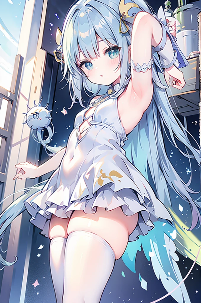 Super beautiful circus clown style sweet girl,Blue and white hazy feeling,Crazy, seductive, alluring,Long legs,Big feeling,White Silk