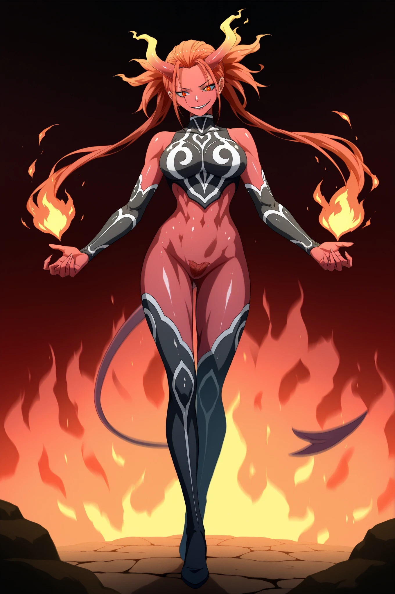 Incredibly strong muscular woman, Fire effect super long hair dragged on the ground, Exquisite and perfect facial features, Huge size, Broad muscular shoulders, huge boob, Protruding abdominal muscles, Especially the huge buttocks, Super thick muscle legs, Two-meter-long legs, Wide crotch，Exaggerated body proportions, Cool combat boots, The rump has nine long dragon tails, Bare skin clothing, Full body shot, Light particles, Ultra HD 4K, Ultra-detailed, Realistic:1.37, Vivid colors, Studio lighting, Physically-based rendering, Extreme detail description