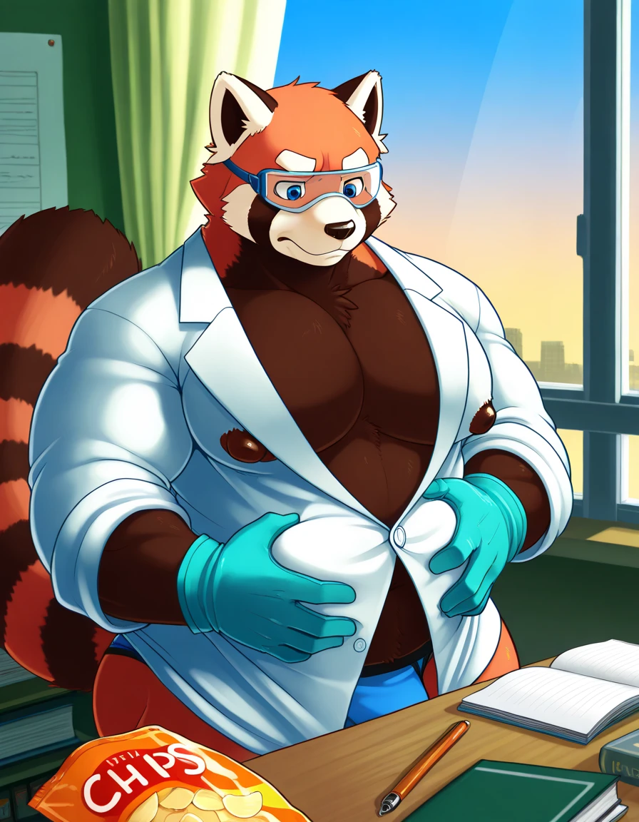 masterpiece, best quality, 8k resolution, Very detailed, hairy,tiger,((red hair)),muscle,Strong,超大muscle,((Hospital)),(((Purple pupils))),For the audience,(((White coat))),portrait,(((No clothes under the coat))),(Highest quality scene),(((Thong))),(((Blushing))),(((Hip bulge))),(((Ultra clear eyes)),((Solitary)),((whole body)),(((Standing))),((Mature)),(((Uncle))),(((Orange fur))),((Shame)),((Smile))