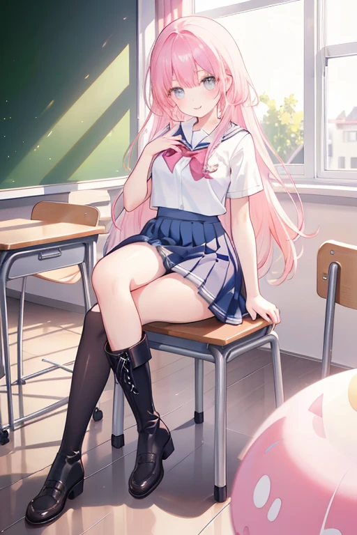 One long hair, girl in school uniform, miniskirt, pink hair, looking away, sitting, embarrassed, blushing, crying, mouth closed, classroom (girl leaking pee)