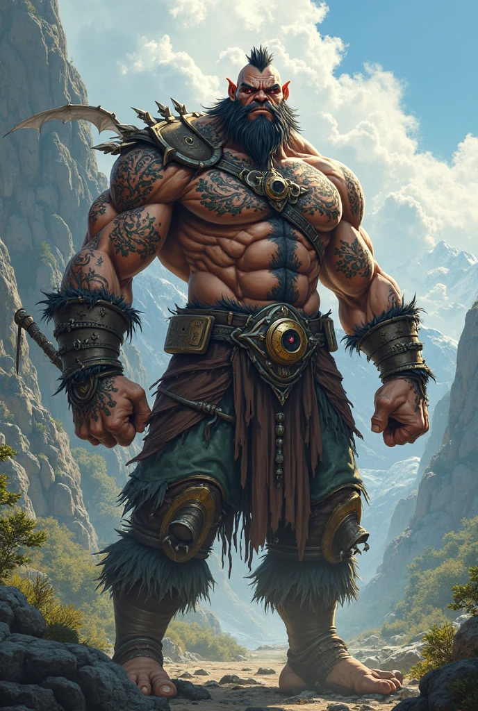 Strong dwarf 25 years old, tatuados, holding a giant axe with big blue hair full of scars With a raven on his shoulder