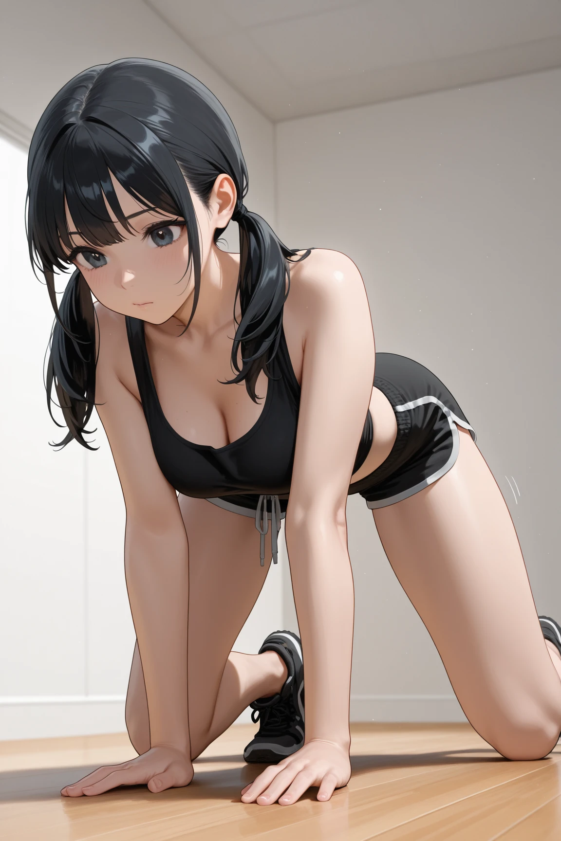 Hot and beautiful posing model, Curly black hair, Dark blue eyes, Fitness Body --ar 16:9 -