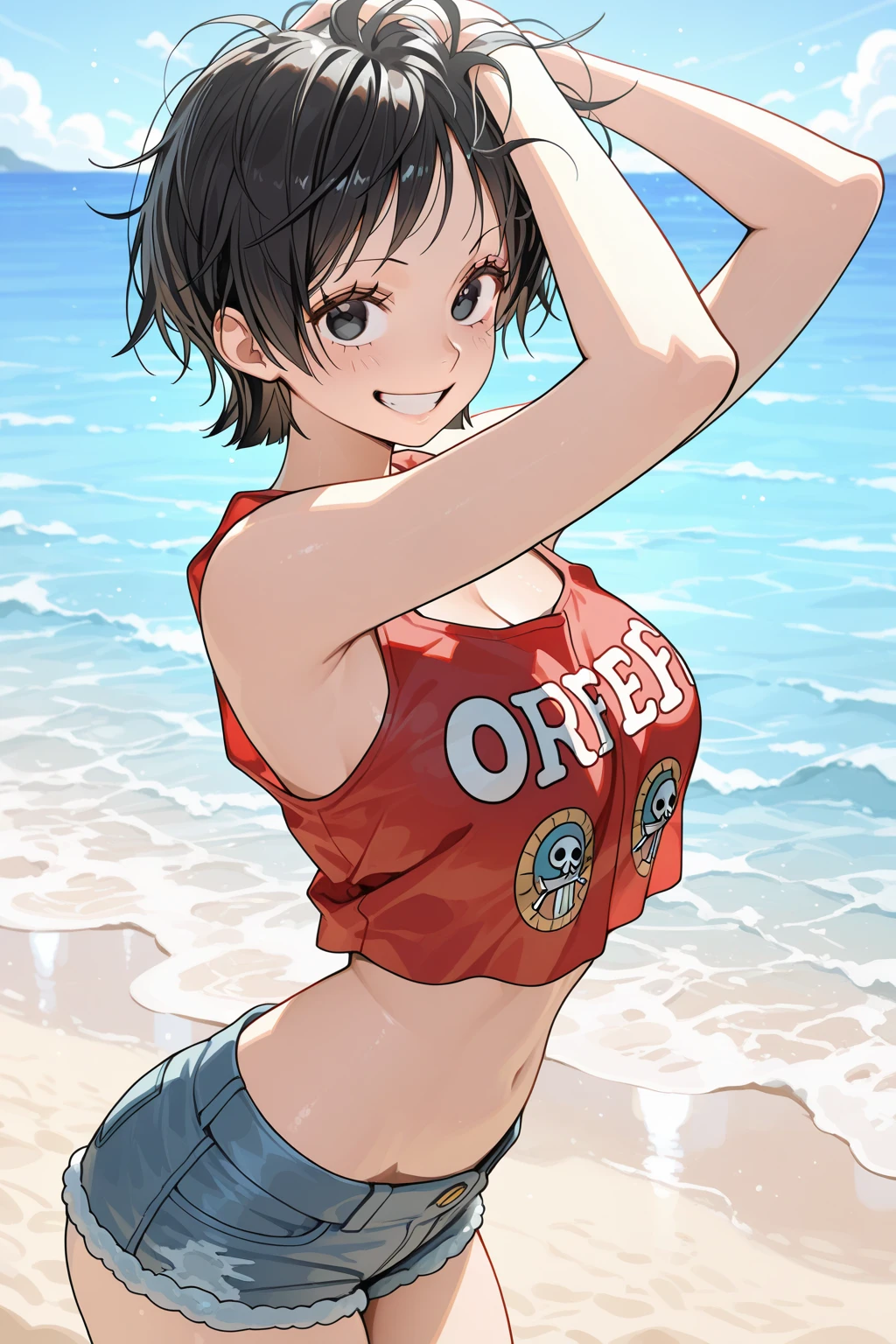 Highest quality, Masterpiece in anime style, (alone:1.1),T-shirt rolled up,Show off your flashy swimsuit,Summer beach, A nasty smile, Sensual, Cute Freckles, Mole under the left eye,