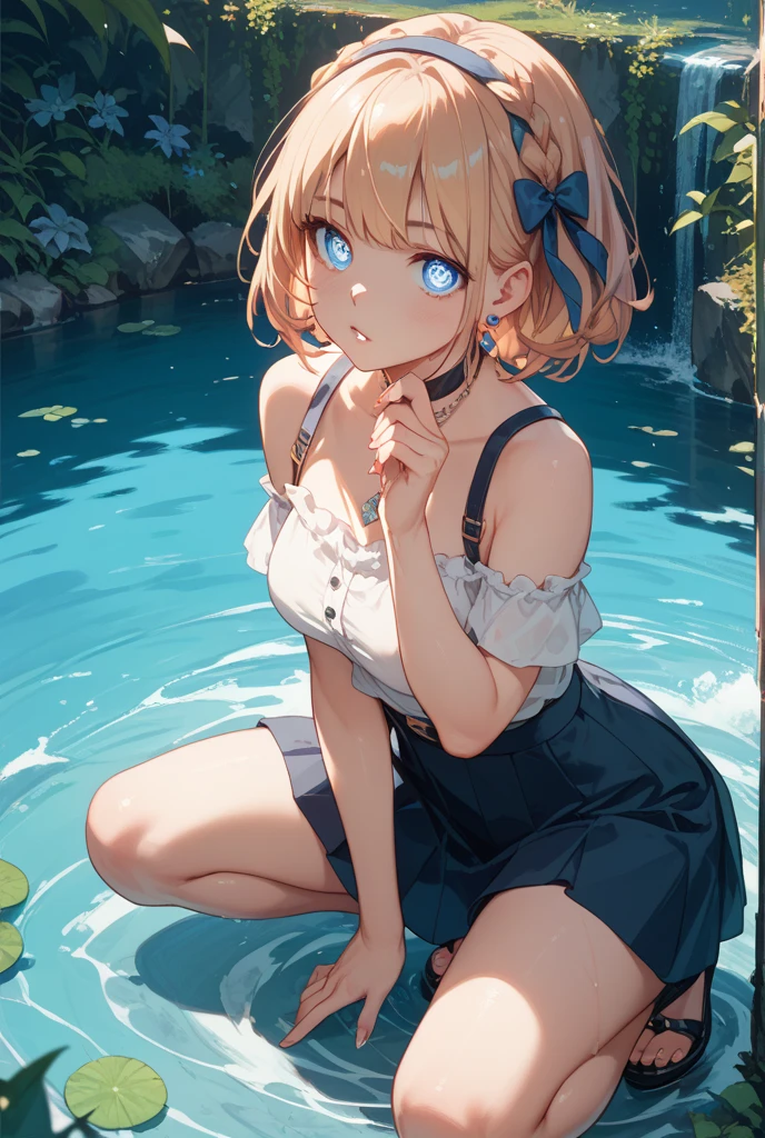 Realistic Anime style, realistic face, detailed skin, high definition, high detail, high quality, 8k, uhd, masterpiece , beautiful girl alone, kneeling, tight and short white dress lifted showing her panties, a black set of black lingerie with a garter belt, blonde hair with two pigtails, green eyes,  provocative smile with parted lips, moonlight, picnic setting, water, wet, (nsfw:1.5) --auto