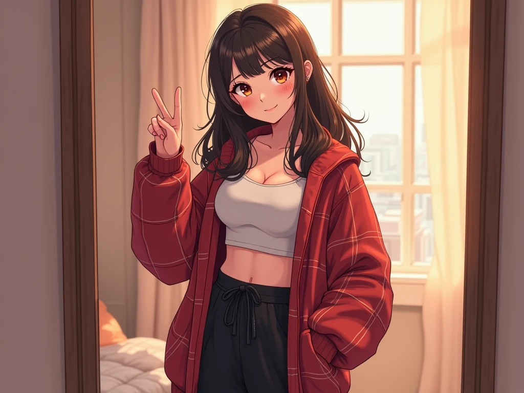 cute anime character girl, hot sister, sticking tongue out, showing peace sign, ((drool)), messy wavy long hair, brown skin, heart-shaped pupils, choker with heart pendant, wearing loose baggy hip-hop fashion, high heels, attractive and seductive face, make-up, superlative body proportion, indoors, 2.5D, delicate and dynamic, graphic CG digital art