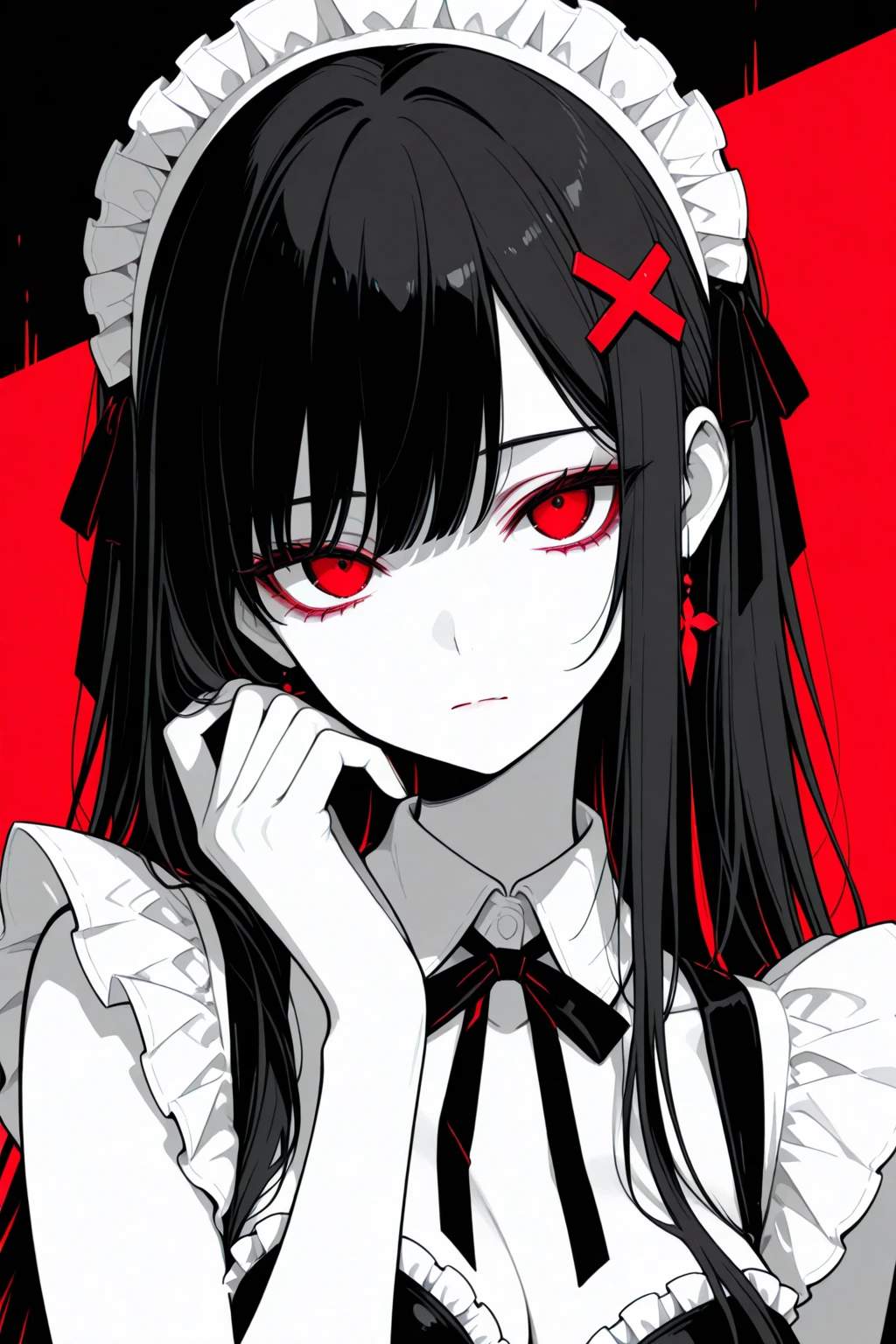 masterpiece, best quality, flat color, limited palette, low contrast,
1girl, serafuku, long straight black hair,
lycoris flower, goat skull,
(red, black)