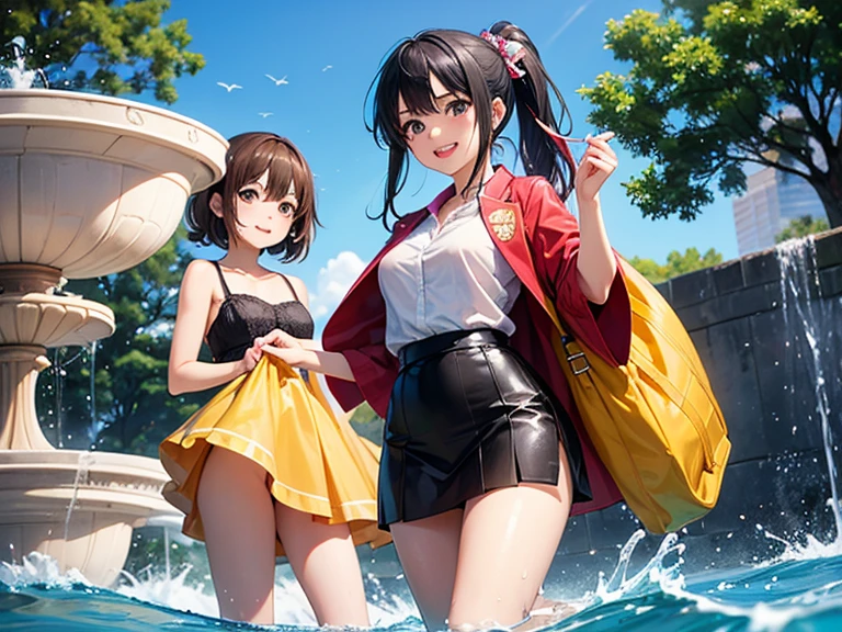 Highest quality,Highest Resolution,Sailor leotard(((2People and above)))A beautiful girl with a crying face,High leg,(((Tback))),Very beautiful eyes,Competition Pool,(((Holding a drink in your hand))),(((Dripping saliva))),sunny,blue sky,sweat profusely,Red tie,whole body,Black short bob,