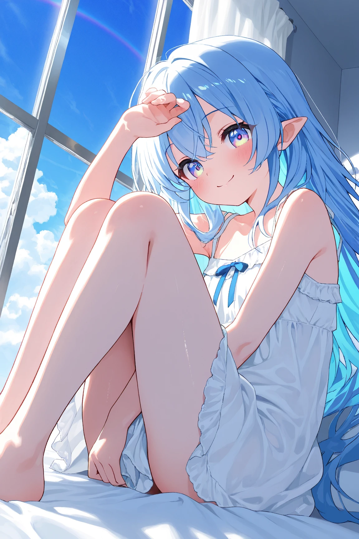 1 Girl, Solitary, ((Liquid Clothes)), Liquid Clothes, blue theme, 1 Girl, Solitary, long hair, skirt, barefoot, Blue Hair, Close one eye, blue eyes, Blue nails, Nail polish, toeNail polish, cloud, Toenails, whole body, very long hair, Sky Print, blue skirt, permanent, Sleeveless, looking at the audience, Smile