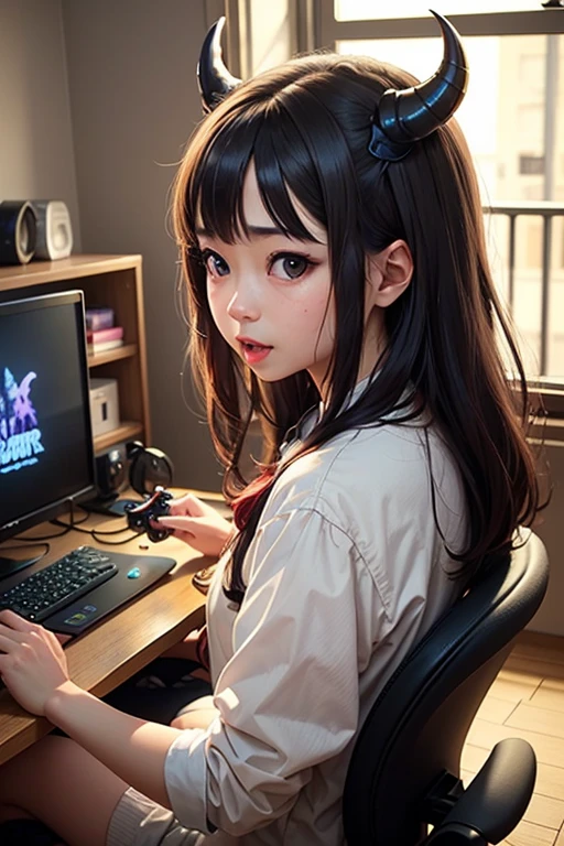 (junkotvv, pelo negro, flequillo, ((orejas de gato)), ojos rojos), in the foreground a villager is using a gaming computadora inside a peasant house,campesinos vistiendo ropa renacentista,Estilo Dur3r,(gaming computadora monitor, teclado (computadora), cables, juegos rgb),caballos,castillo en la distancia,(orejas de gato)