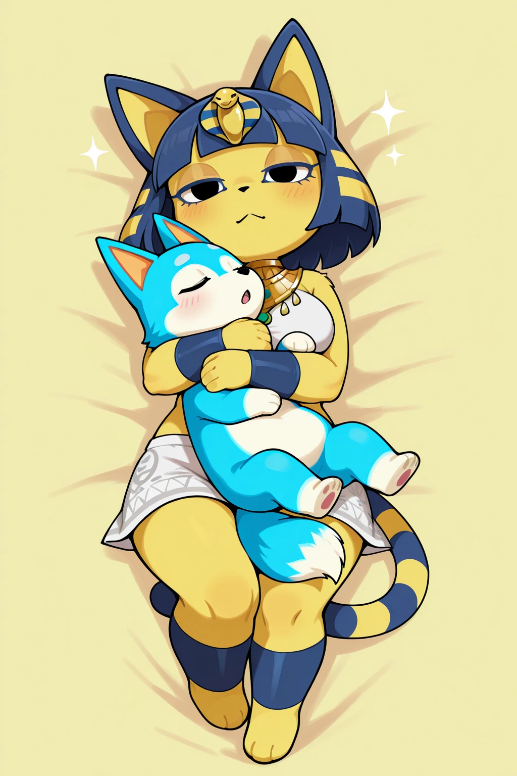Duo, score_9,score_8_up,score_7_up, source_cartoon, source_furry, kemono style, ((Audie from animal crossing)), and ((ankha from animal crossing)), both are naked, toned bodies, medium sized breasts, pov, both girls are licking viewers cock clean from cum, their eyes closed, indoors,