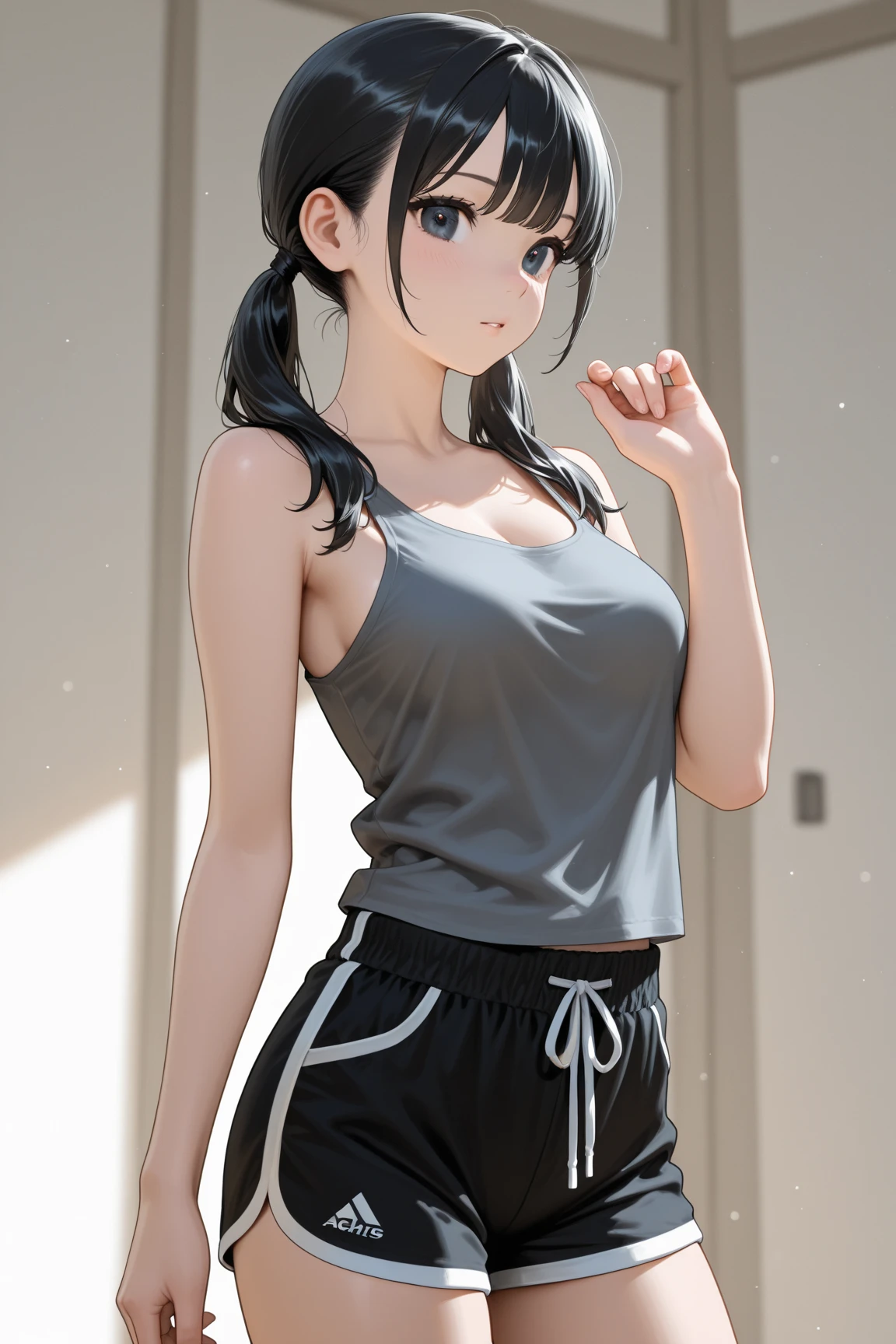 1shot,((perfect ???????:1.2,realistic:1.3,RAW Photography:1.3,masterpiece、highest quality、Ultra - High resolution、High resolution、Highly detailed CG、8K)),cowboy shot,1 female,solo、25 year old beauty,Japanese,((beautiful detailed face and eyes:1.3,big gorgeous eyes:1.3,gray eyes)),black hair,long hair,straight hair,blunt bangs,blush,shy,shy,((medium breasts, ideal ratio body proportions:1.5,small head:1.5,slender body,skinny)),(sweat:1.5),(gleaming skin,shiny skin),((white camisole)),((black shorts,barefoot))、sitting,Simple bed、White bed sheets、Simple bedroom、indoor、sunlight、